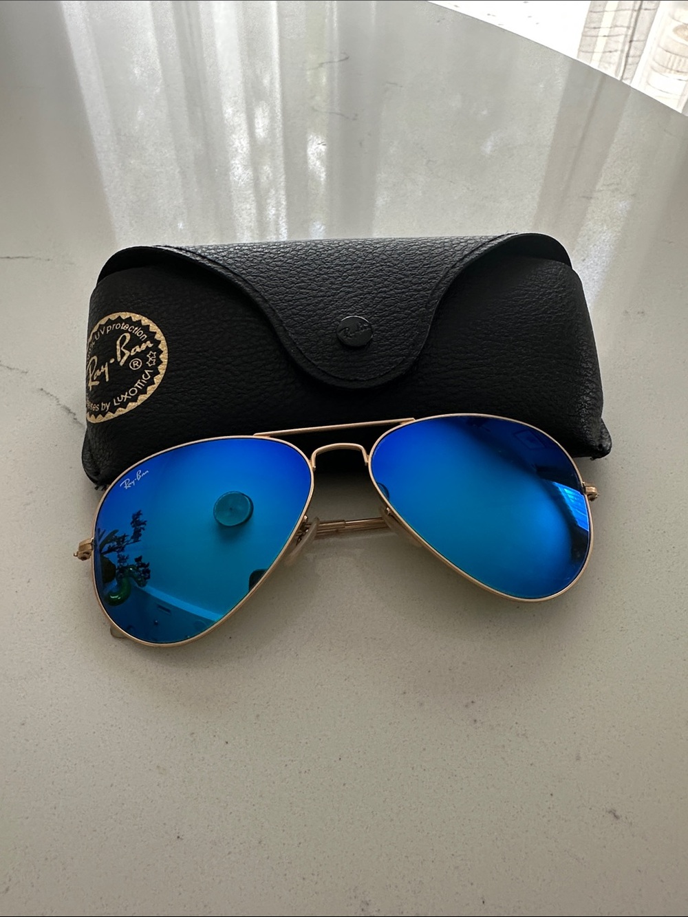 Ray-Ban Gold Frame Sunglasses with Blue Mirror Lenses
